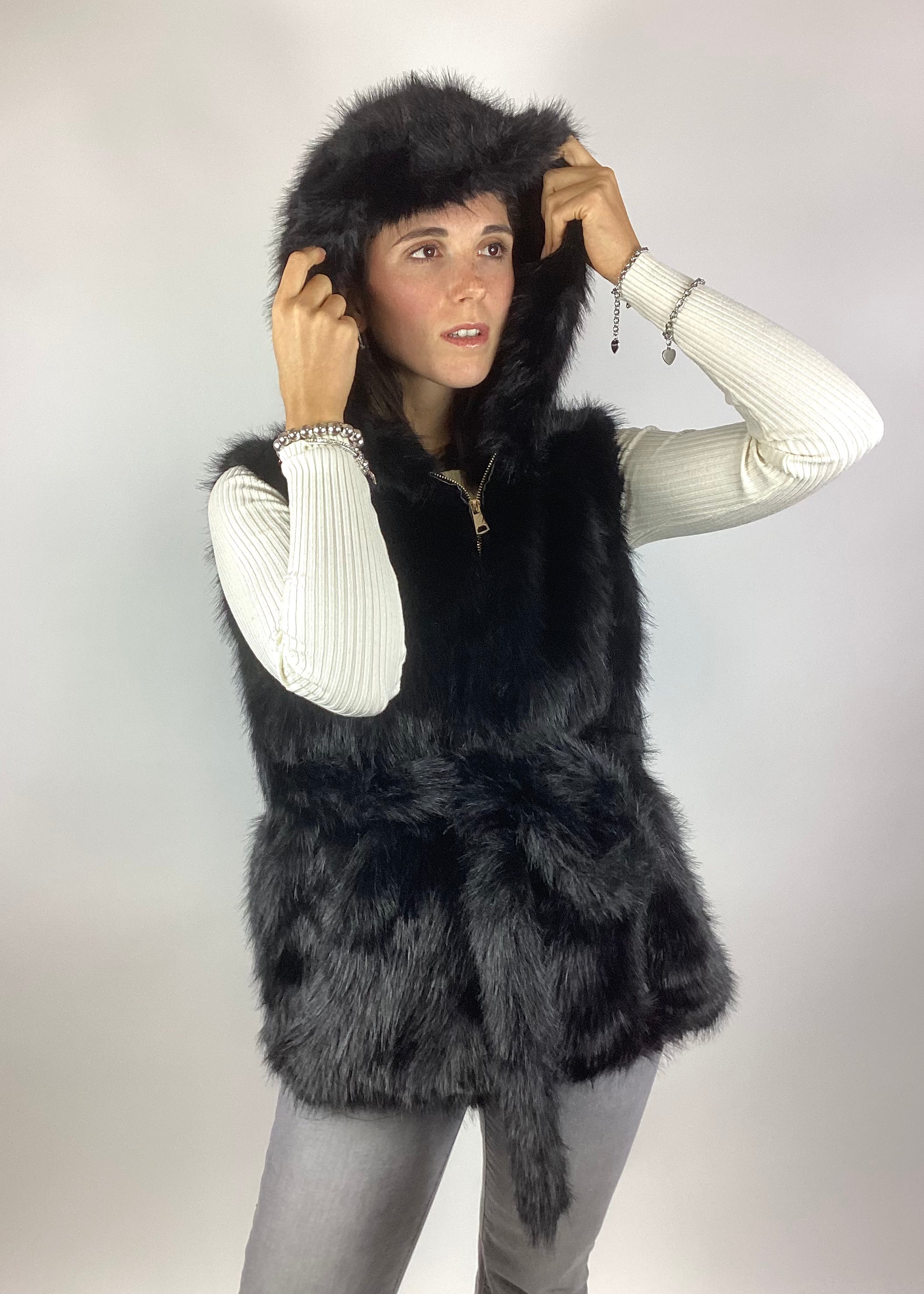 SUSY MIX GILET ECO-PELLICCIA NERO