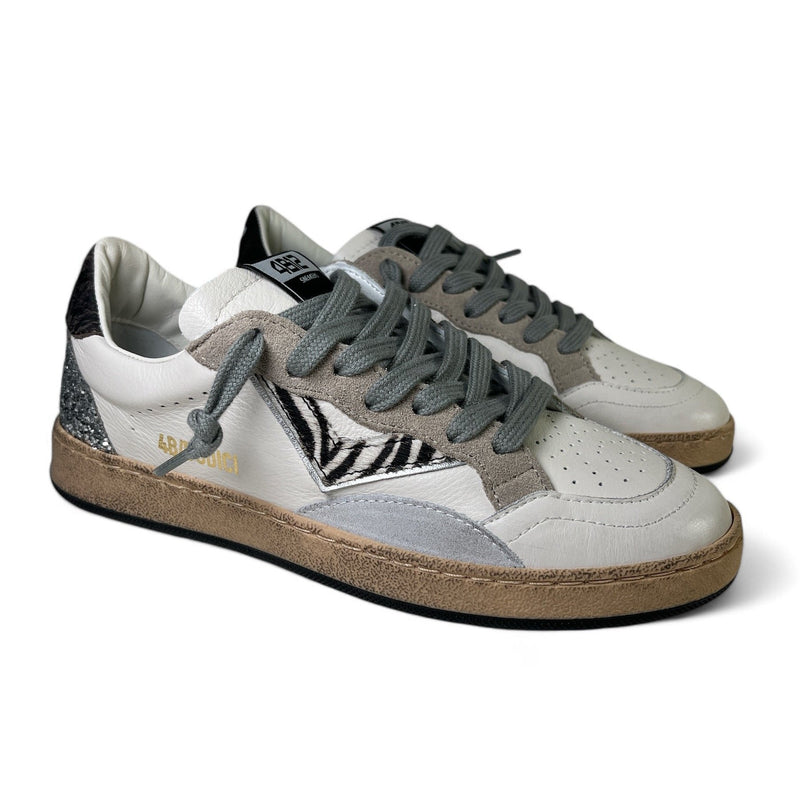 4B12 Sneaker donna in pelle bianca e inserti in suede grigio e tortora