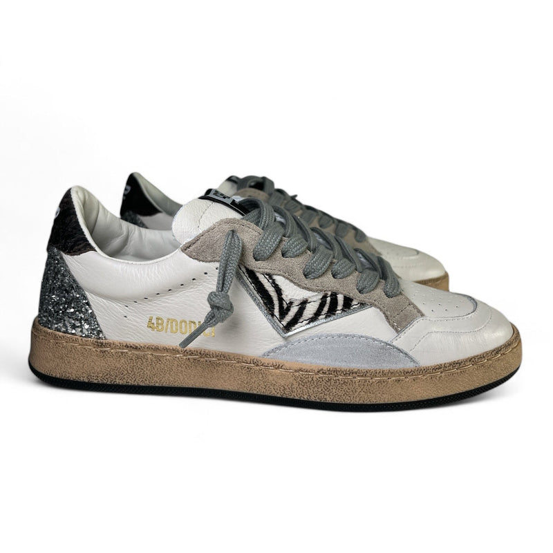 4B12 Sneaker donna in pelle bianca e inserti in suede grigio e tortora