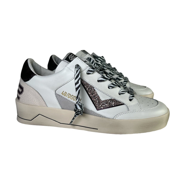 4B12 Sneaker donna in pelle bianca con dettagli glitter e gonfietto pitonato lilla