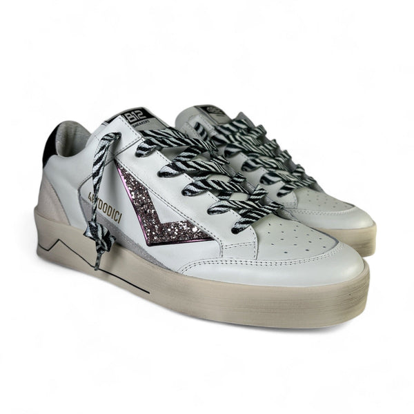 4B12 Sneaker donna in pelle bianca con dettagli glitter e gonfietto pitonato lilla