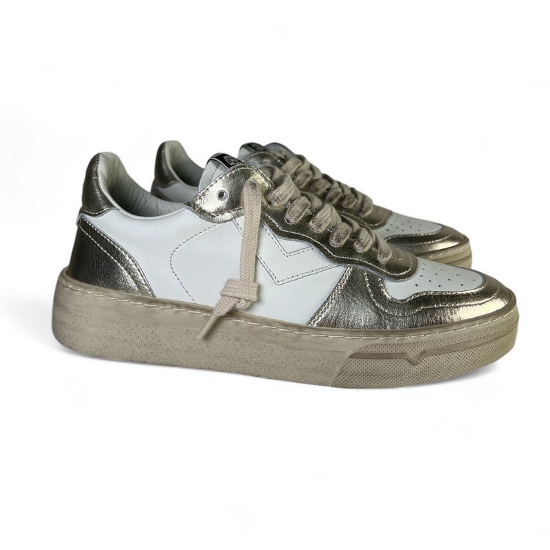 4B12 Sneaker donna in pelle bianca laminato oro