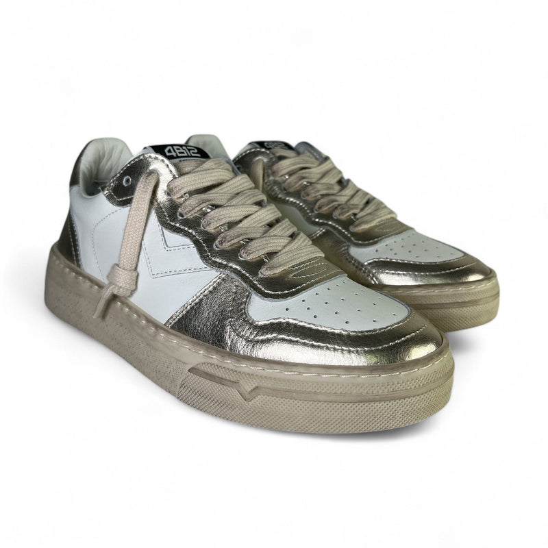 4B12 Sneaker donna in pelle bianca laminato oro