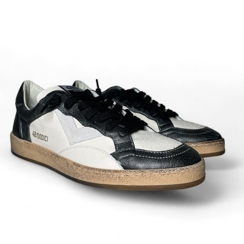 4B12 Sneaker uomo in pelle nera vintage e bianco