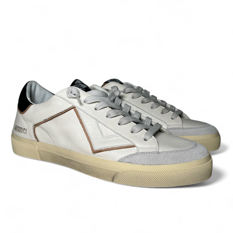 4B12 Sneaker uomo in pelle bianca rifinita in suede sabbia