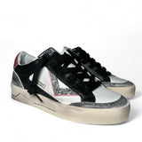 4B12 Sneaker donna in pelle nera e bianca con dettagli glitter argento