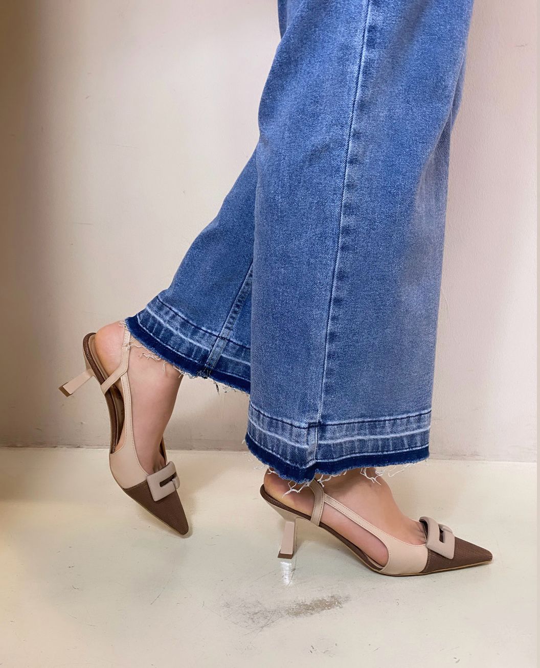 Bottega Lotti Slingback con Tacco 9 cm Colore Nude/Marrone