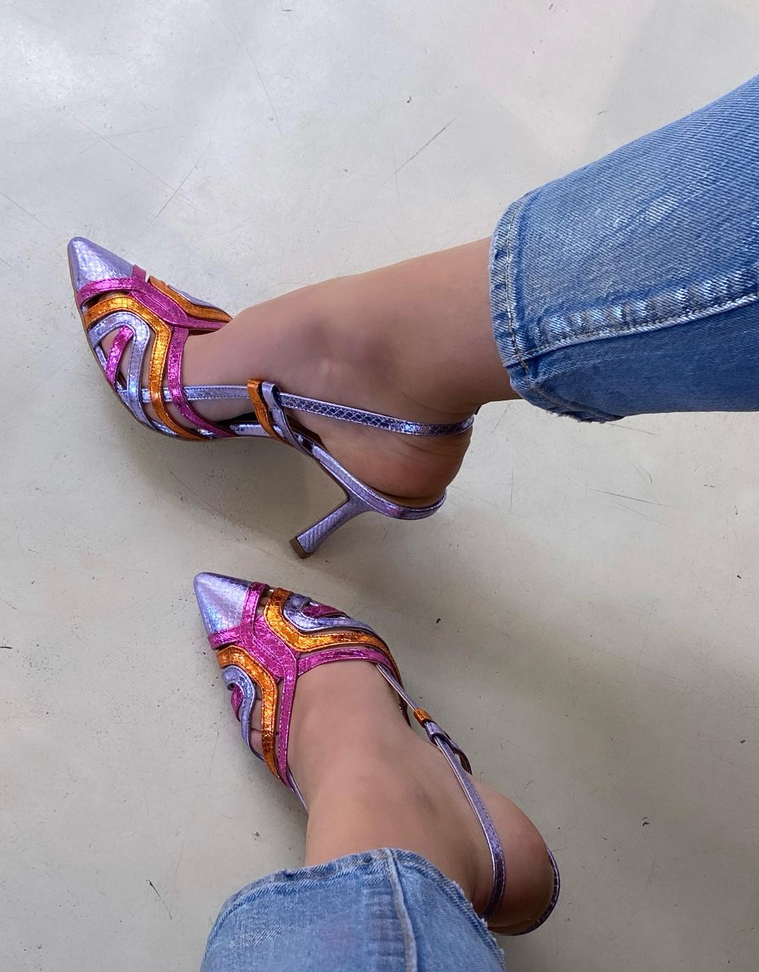 Bottega Lotti Slingback con Tacco 9 cm Pitonato Lilla Fucsia