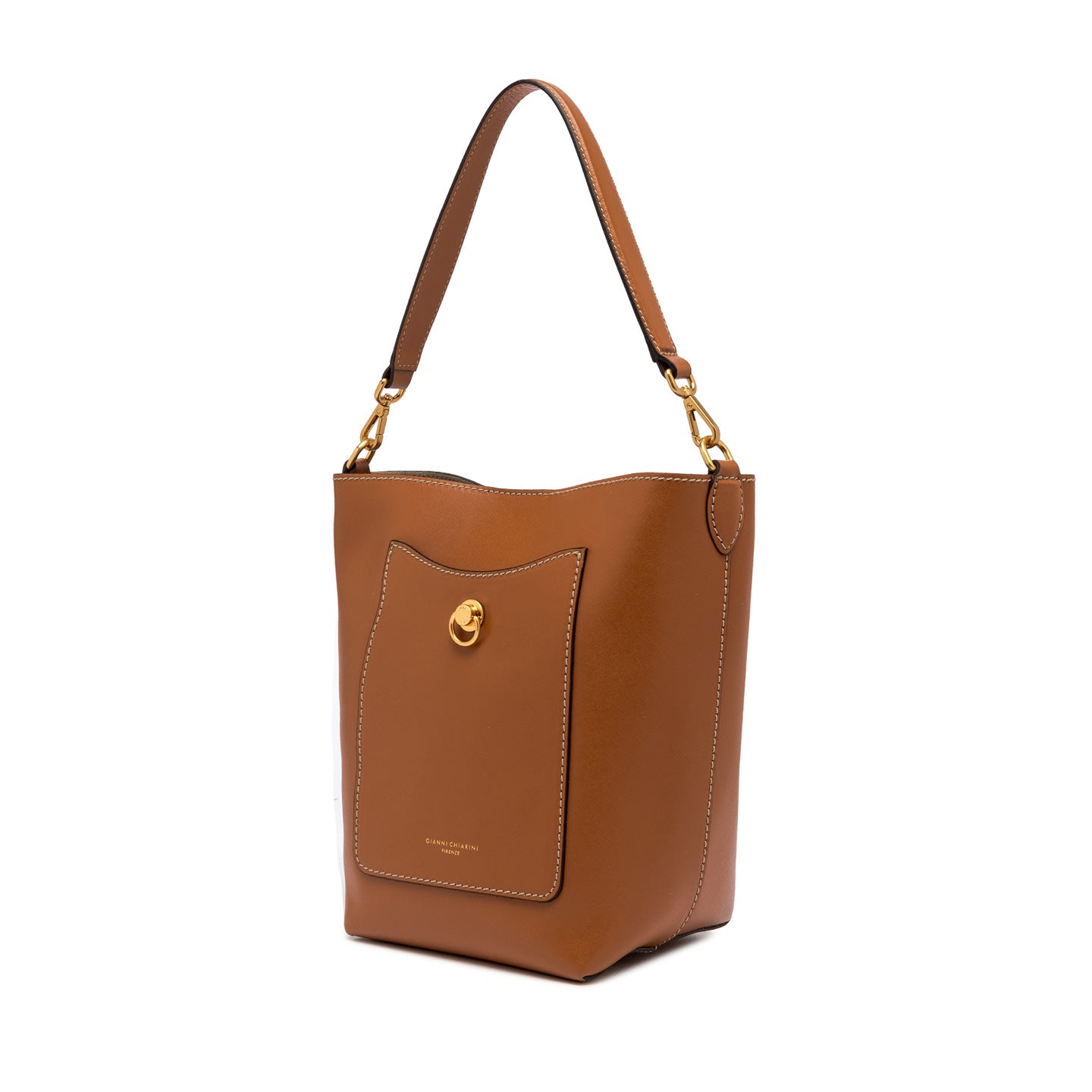 Gianni Chiarini borsa donna a secchiello in pelle liscia color caramello con manico e tracolla