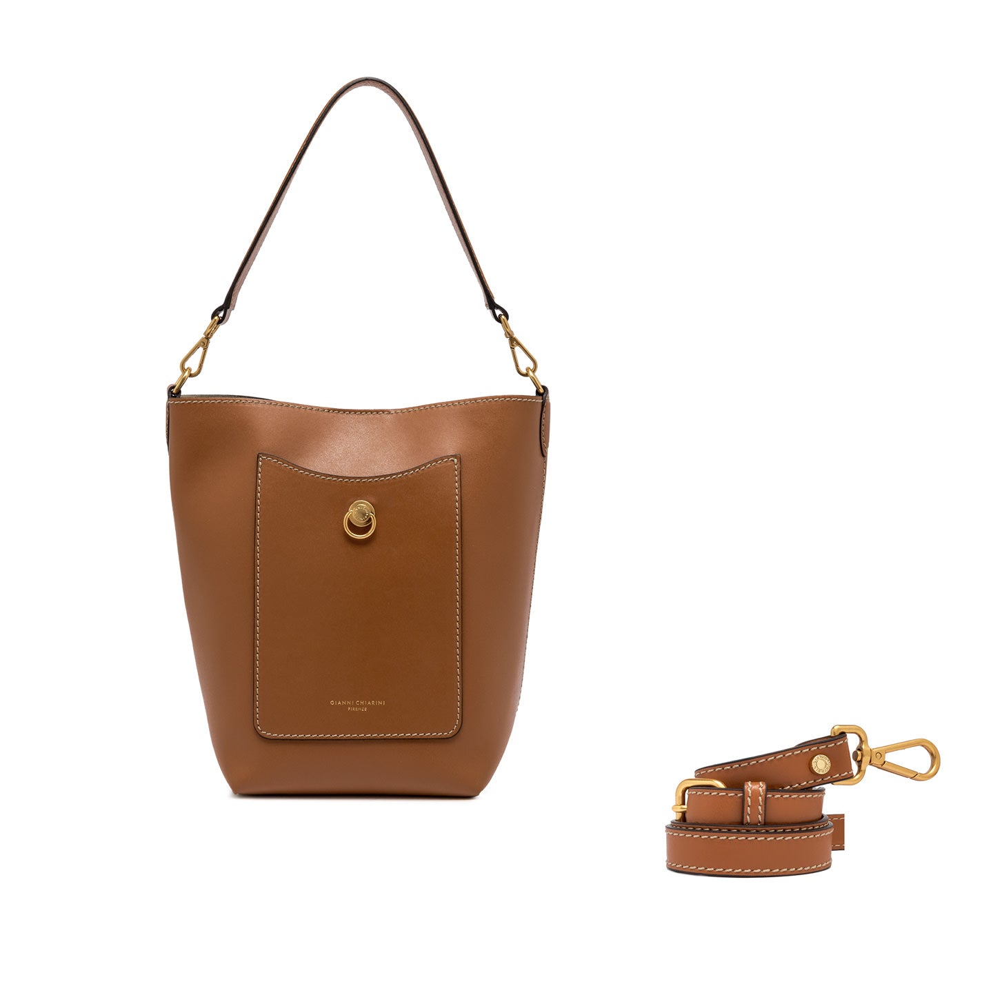 Gianni Chiarini borsa donna a secchiello in pelle liscia color caramello con manico e tracolla