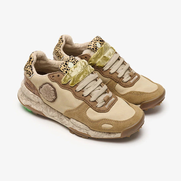 Satorisan Sneaker donna in pelle beige con inserti in camoscio legno