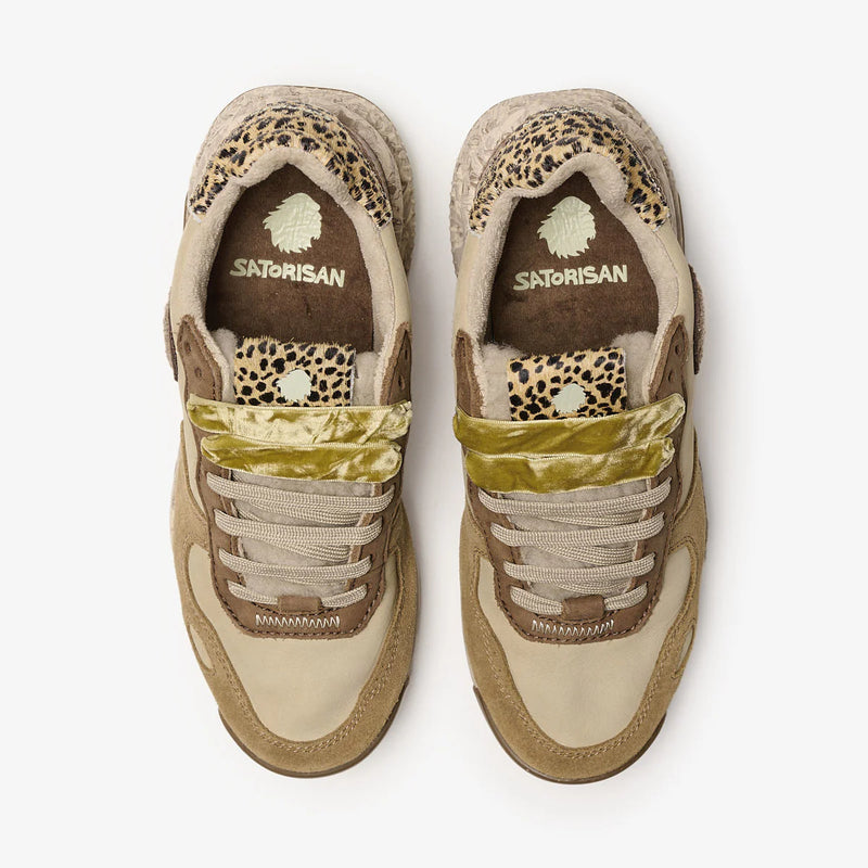 Satorisan Sneaker donna in pelle beige con inserti in camoscio legno