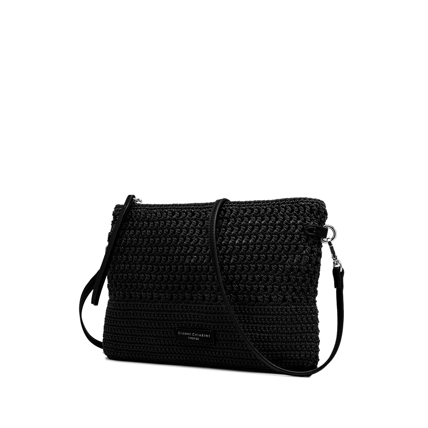 Gianni Chiarini pochette in tessuto uncinetto nero e impreziosita da dettagli in pelle