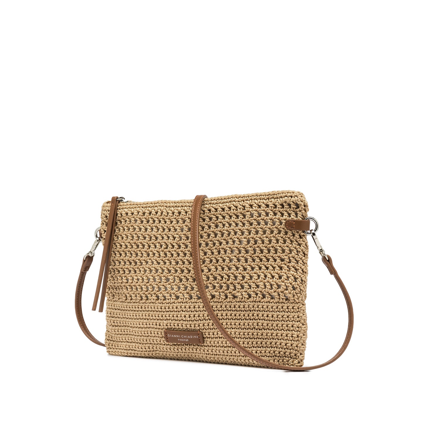 Gianni Chiarini pochette in tessuto uncinetto nature e impreziosita da dettagli in pelle