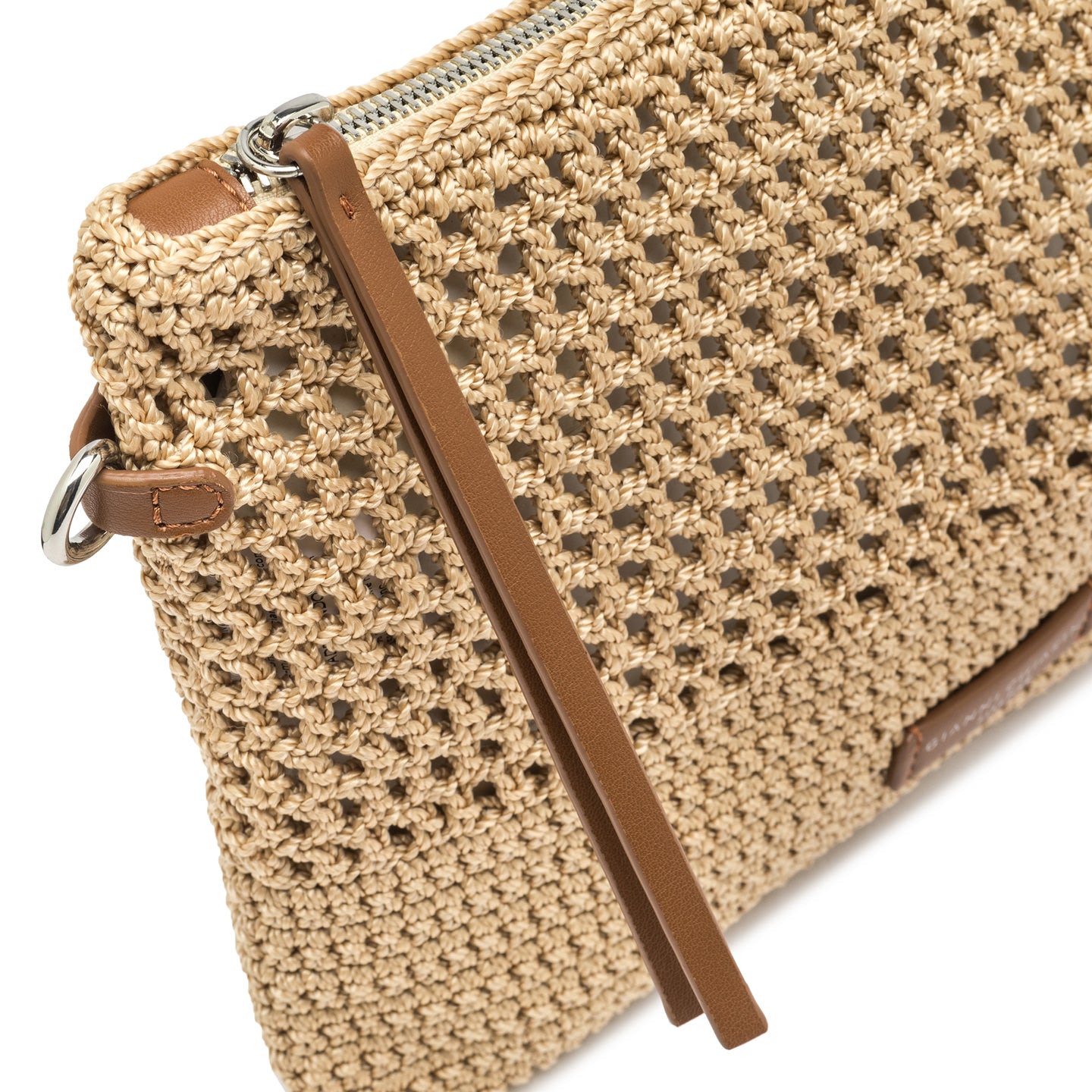 Gianni Chiarini pochette in tessuto uncinetto nature e impreziosita da dettagli in pelle