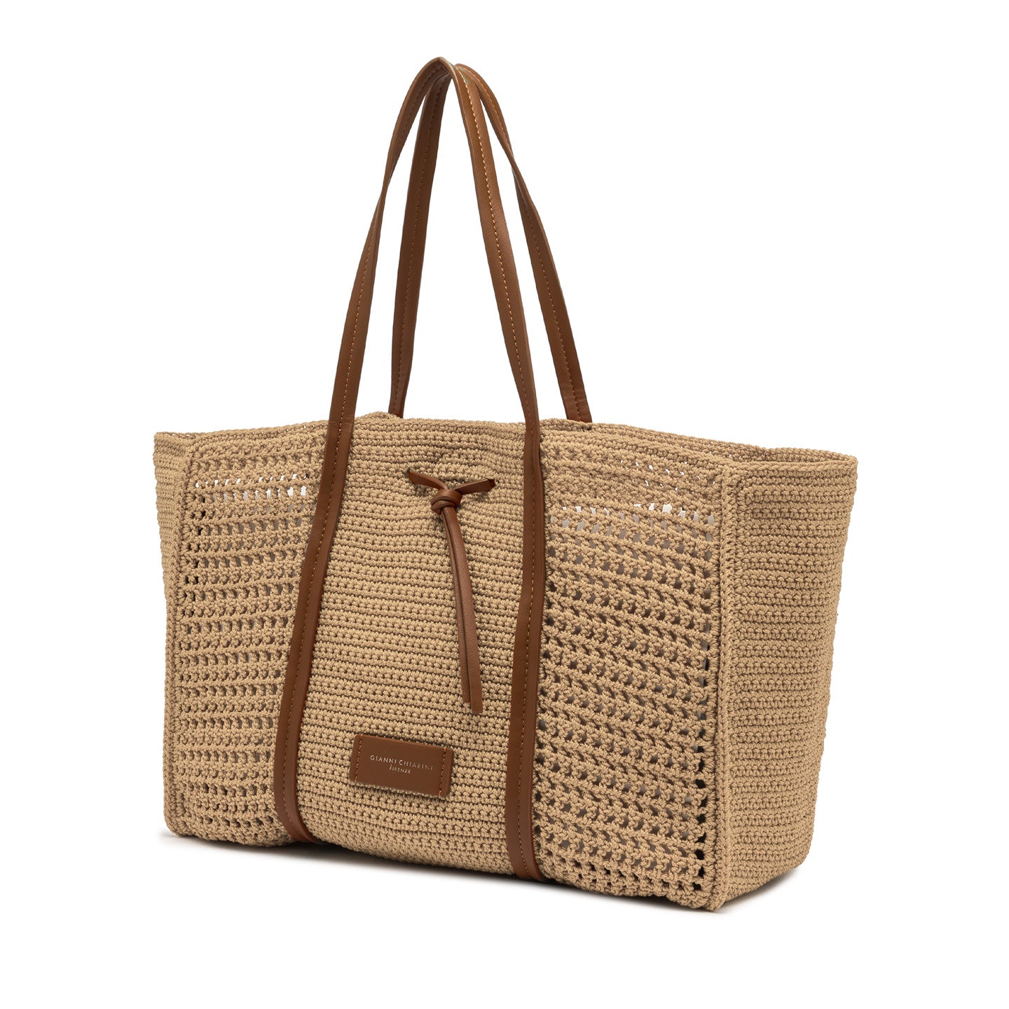 Gianni Chiarini shopper maxi in tessuto uncinetto nature con dettagli in pelle