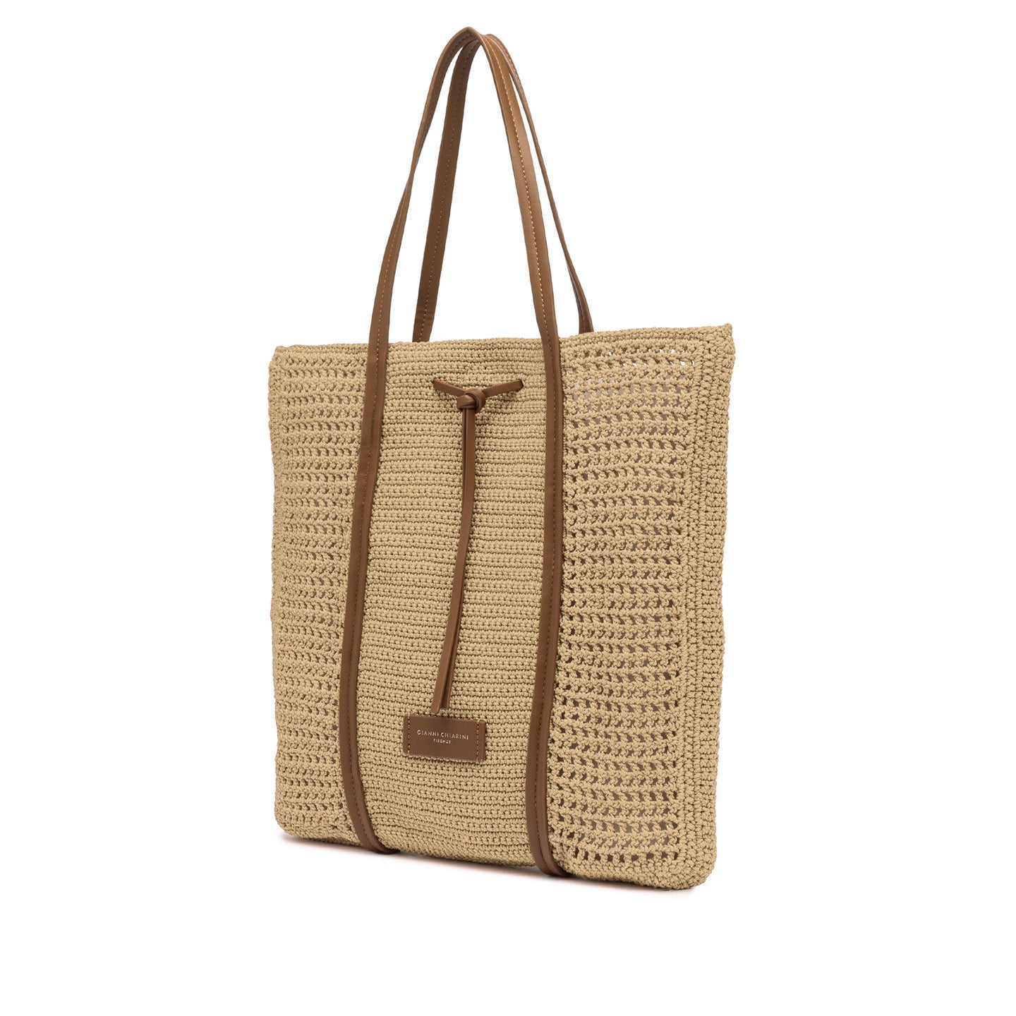 Gianni Chiarini shopper in tessuto uncinetto nature impreziosita da dettagli in pelle