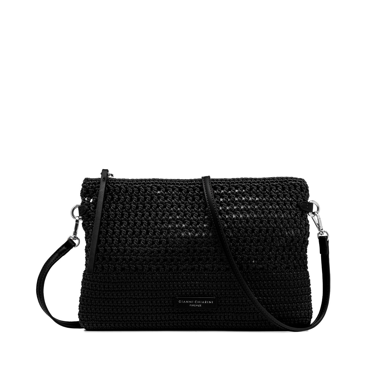Gianni Chiarini pochette in tessuto uncinetto nero e impreziosita da dettagli in pelle