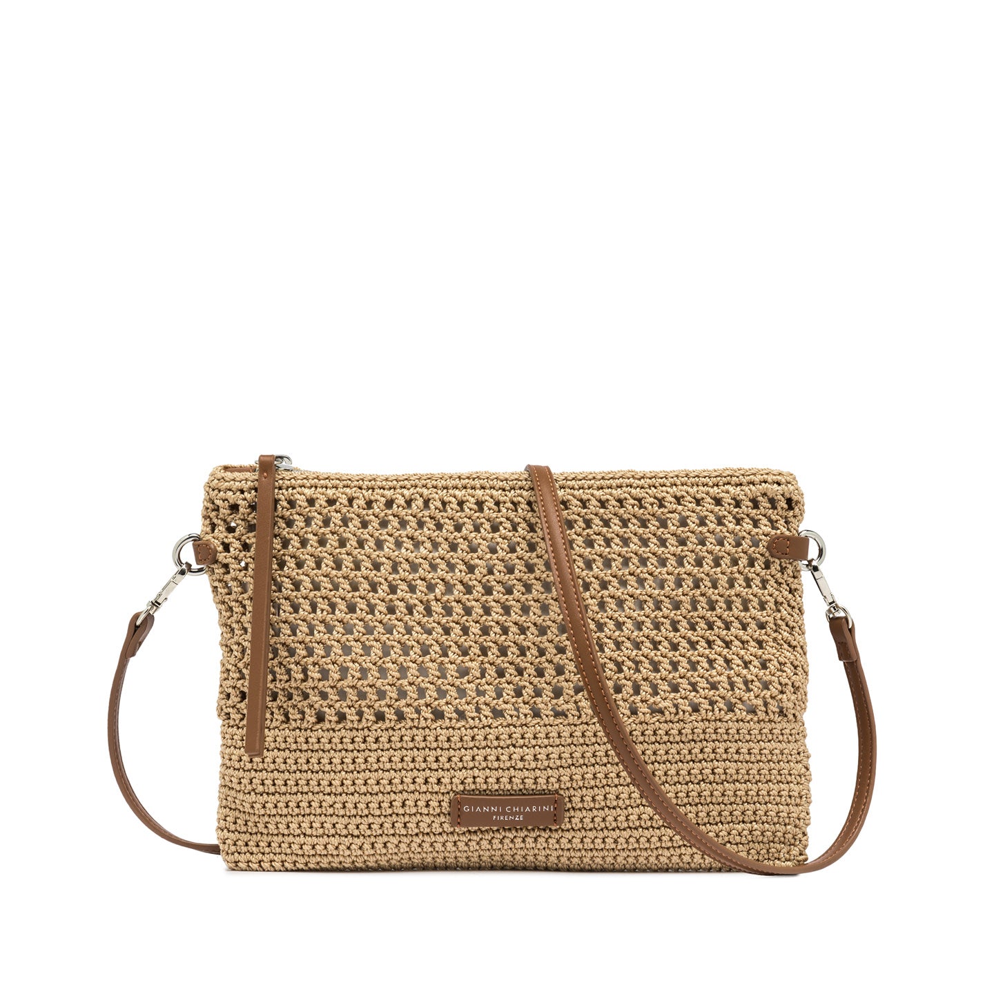 Gianni Chiarini pochette in tessuto uncinetto nature e impreziosita da dettagli in pelle