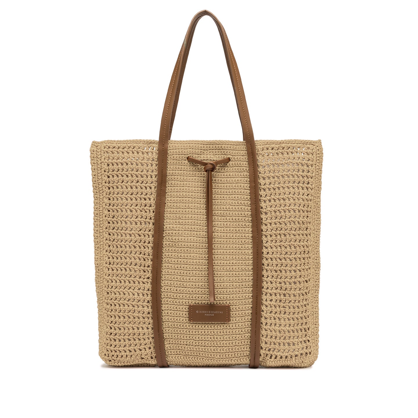 Gianni Chiarini shopper in tessuto uncinetto nature impreziosita da dettagli in pelle