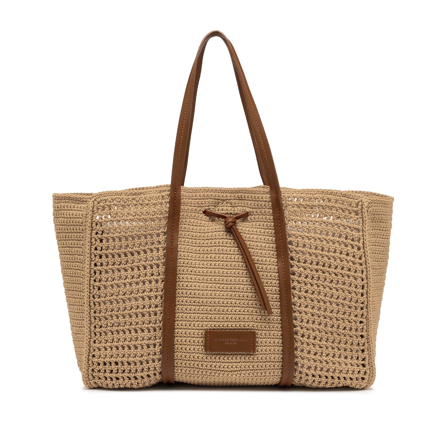 Gianni Chiarini shopper maxi in tessuto uncinetto nature con dettagli in pelle
