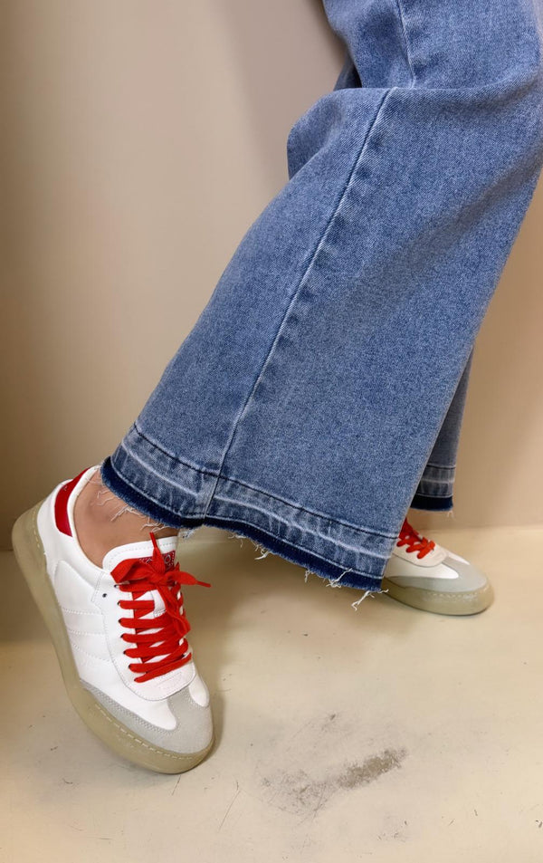 Monoway Sneakers donna in pelle bianca con toppone e lacci rosso