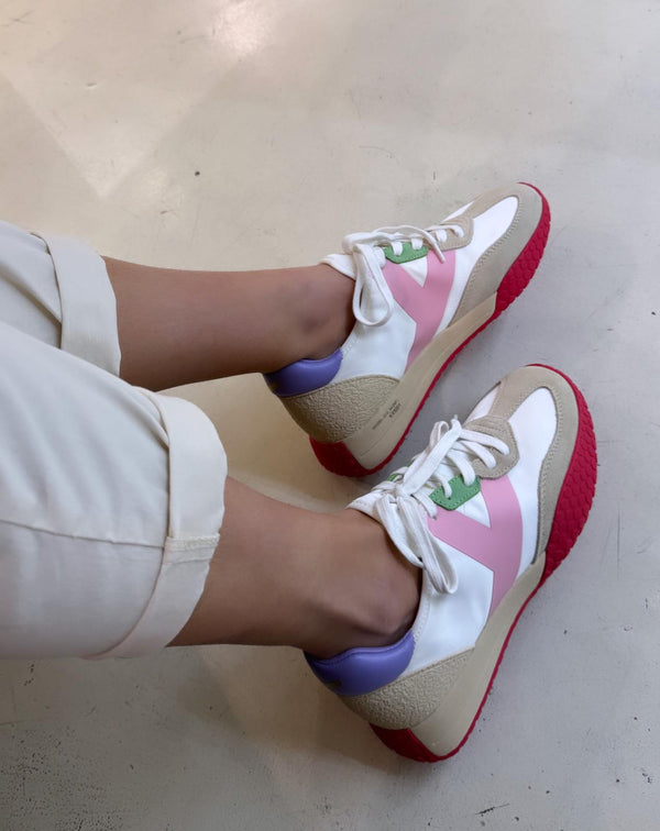 Kehnoo Sneakers donna in tela bianca con logo rosa e toppone lilla