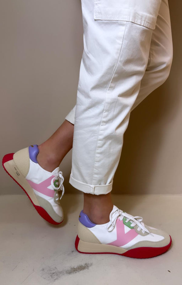 Kehnoo Sneakers donna in tela bianca con logo rosa e toppone lilla