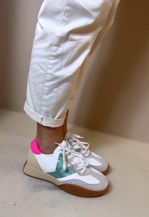 Kehnoo Sneakers donna in tela bianca con logo glitter cielo e toppone fucsia fluo