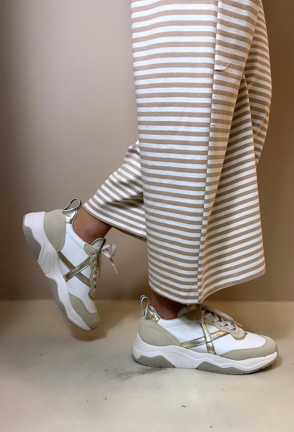 Munich Sneakers donna bianca con dettagli platino ed inserti sabbia