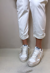 4B12 Sneakers donna in pelle bianca e platino con inserti glitter