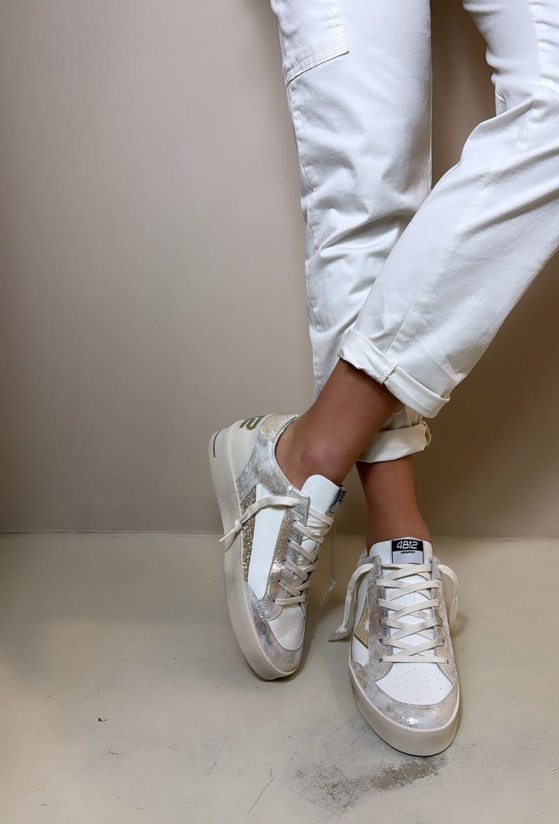 4B12 Sneakers donna in pelle bianca e platino con inserti glitter