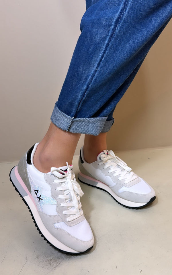 SUN68 Sneakers donna in tela laminata bianca con rifiniture argento