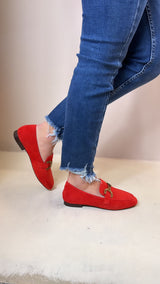 BIBI LOU Mocassino donna in camoscio rosso con morsetto oro satinato