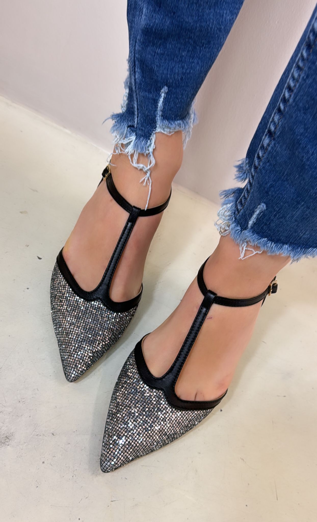 Nannicini Slingback in nappa e glitter nero