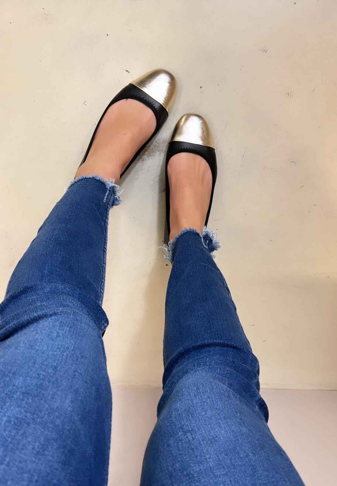 Shaddy Ballerina donna in pelle bicolore nero e oro