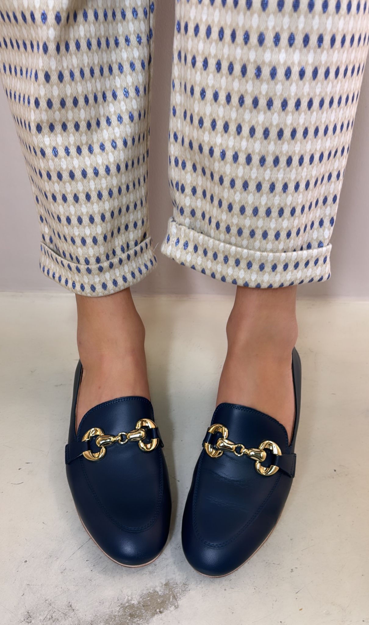 Divine Follie Mocassino pelle navy dettagli laminati platino