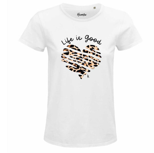 Hiconika T-shirt donna Life is Good bianca Cuore animalier
