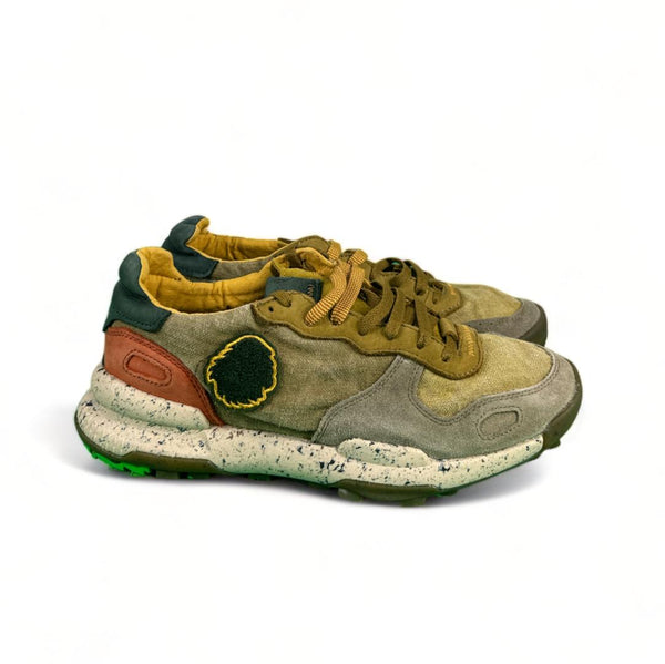 Satorisan Sneakers uomo in lino e suede color Kaki con dettagli verdone e mattone