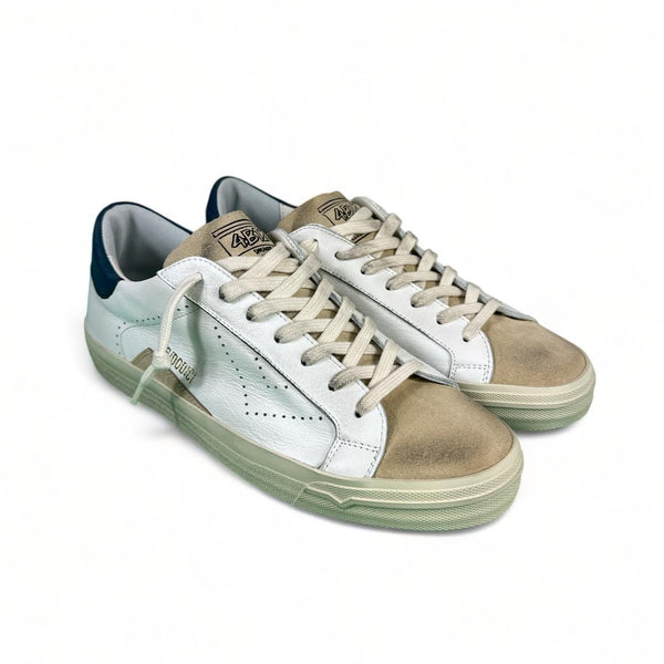 4B12 Sneakers uomo in pelle bianco con dettagli bluette e camoscio beige