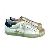 4B12 Sneakers uomo in pelle bianco con dettagli bluette e camoscio beige