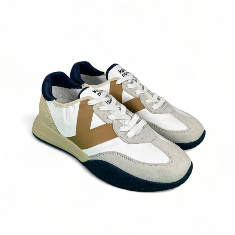 Kehnoo Sneakers uomo in tela bianco e suede ghiaccio con logo beige