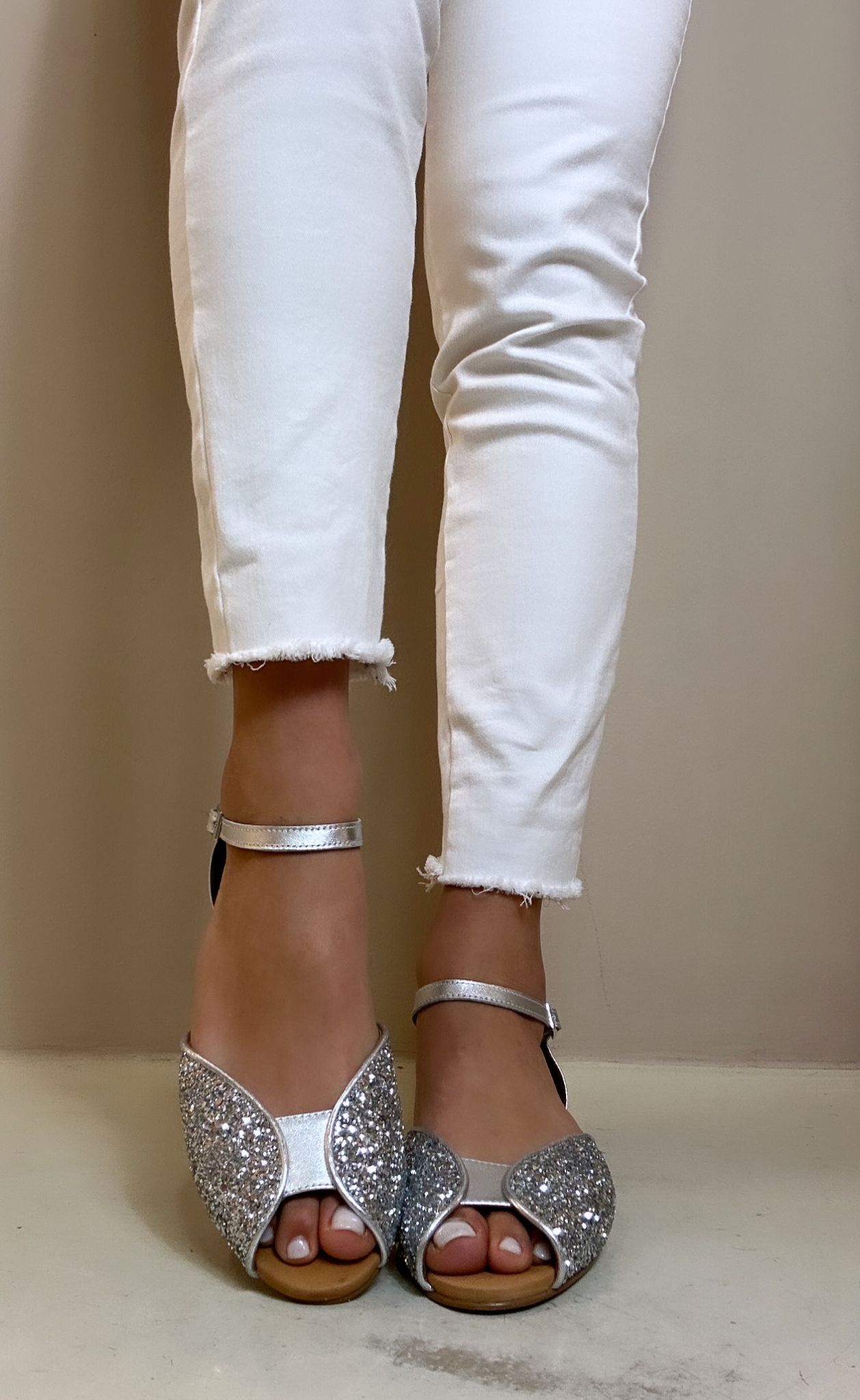 Creative Sandalo donna spuntato in glitter argento