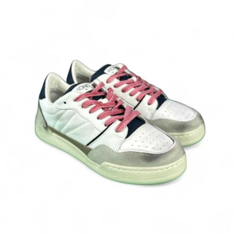 Monoway Sneakers uomo in pelle bianco con dettagli blu e suede sabbia