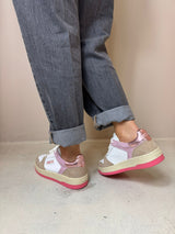 Back 70 Sneaker donna in pelle bianca e suede beige e rosa