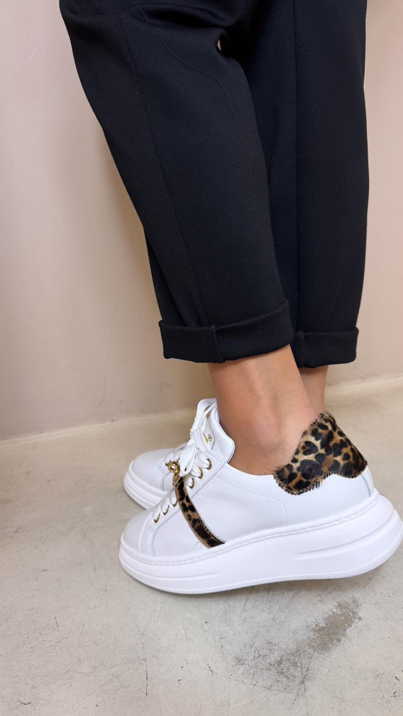 MÉLINÉ sneaker donna in pelle bianca con toppone e passante in cavallino leopardato