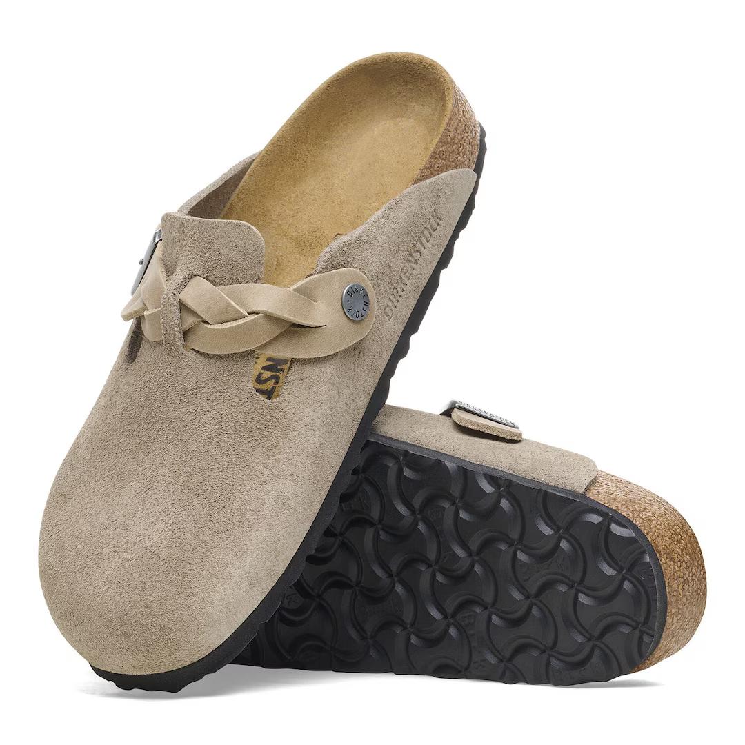 Birkenstock sabot camoscio con treccia in pelle taupe