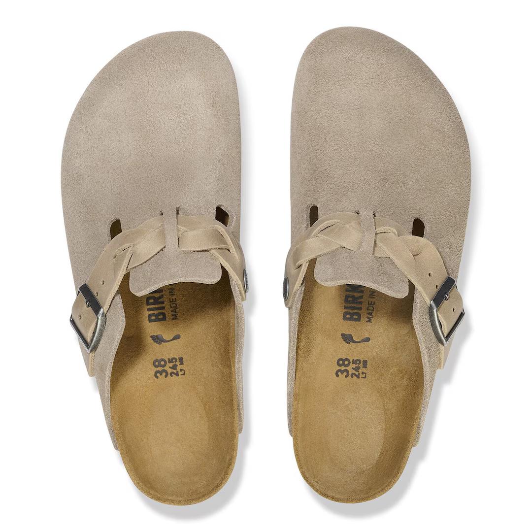 Birkenstock sabot camoscio con treccia in pelle taupe