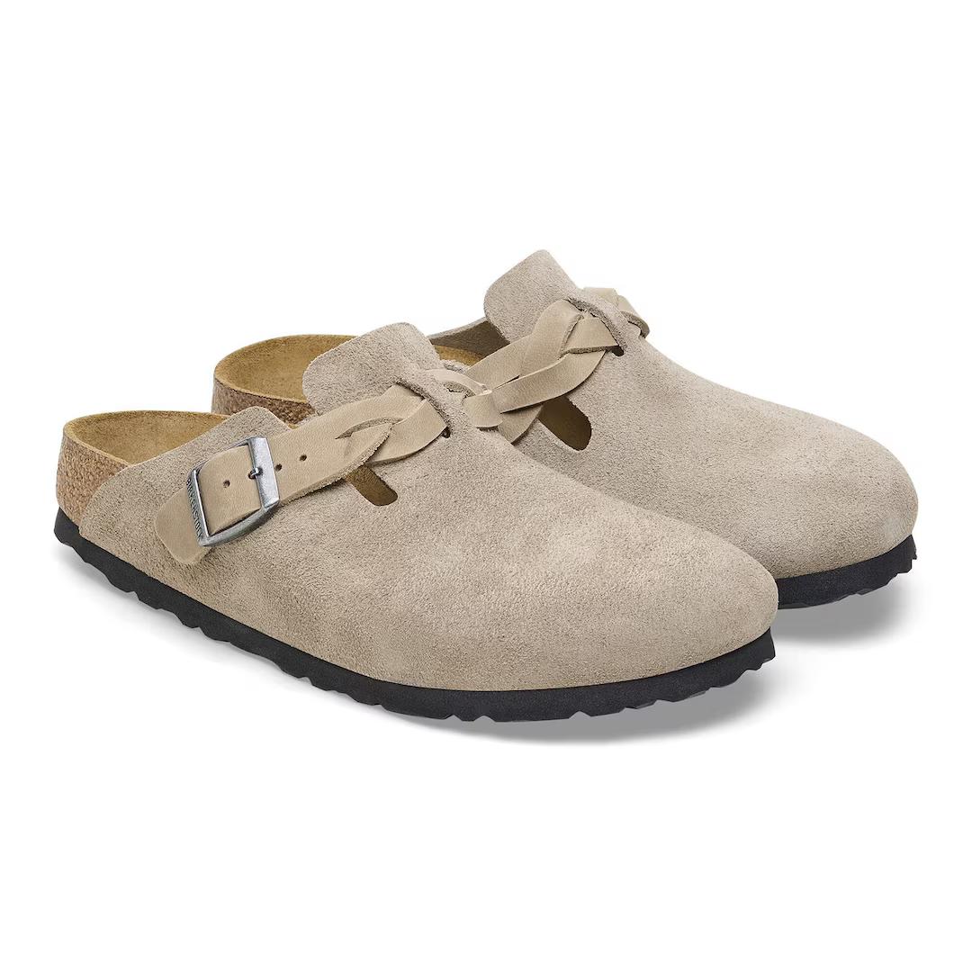 Birkenstock sabot camoscio con treccia in pelle taupe