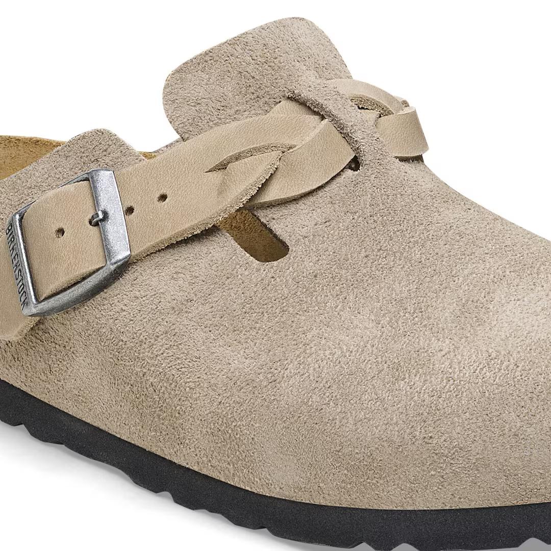Birkenstock sabot camoscio con treccia in pelle taupe